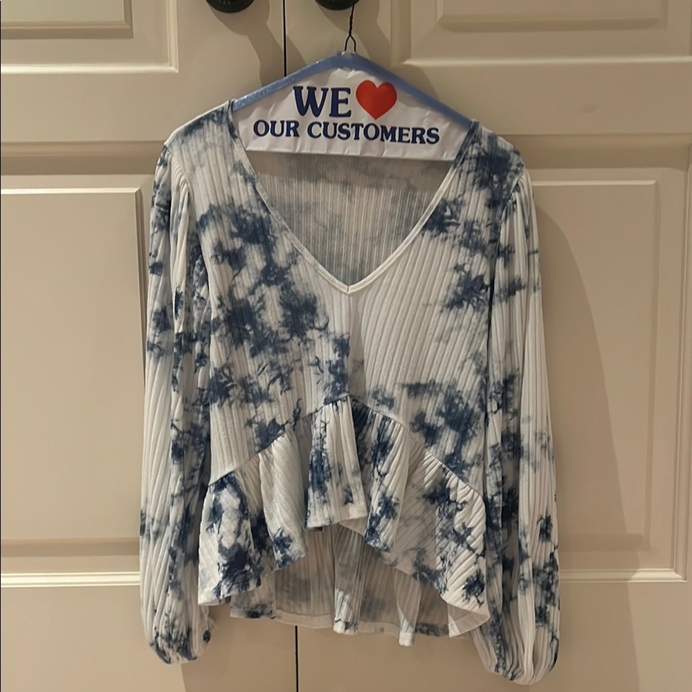 Altar'd State Blue and White Asymmetrical Ruffled Blouse